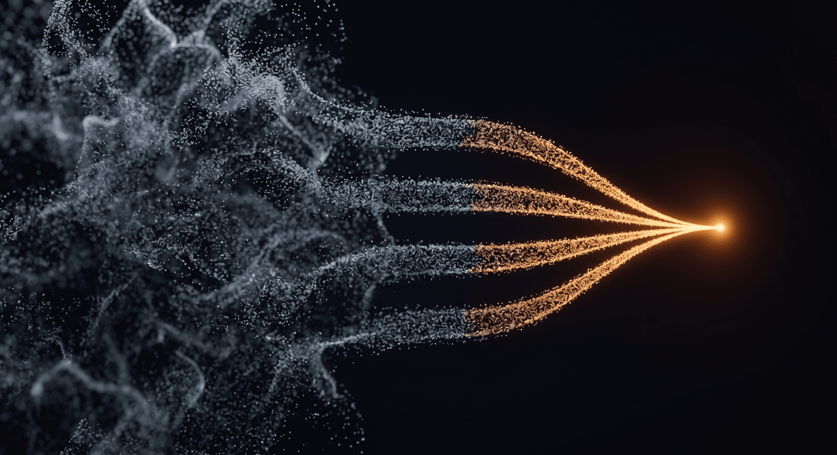 A turbulent cloud of particles resolving into four clean streams that converge to a single point of light